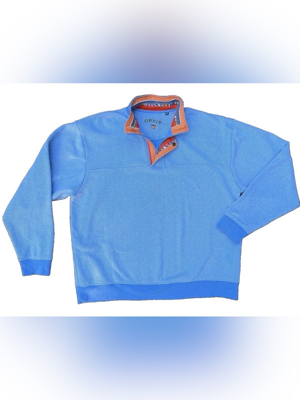 Orvis Men’s XXL Blue Quarter Snap Pullover Sweatshirt Orange Trim Cotton Blend